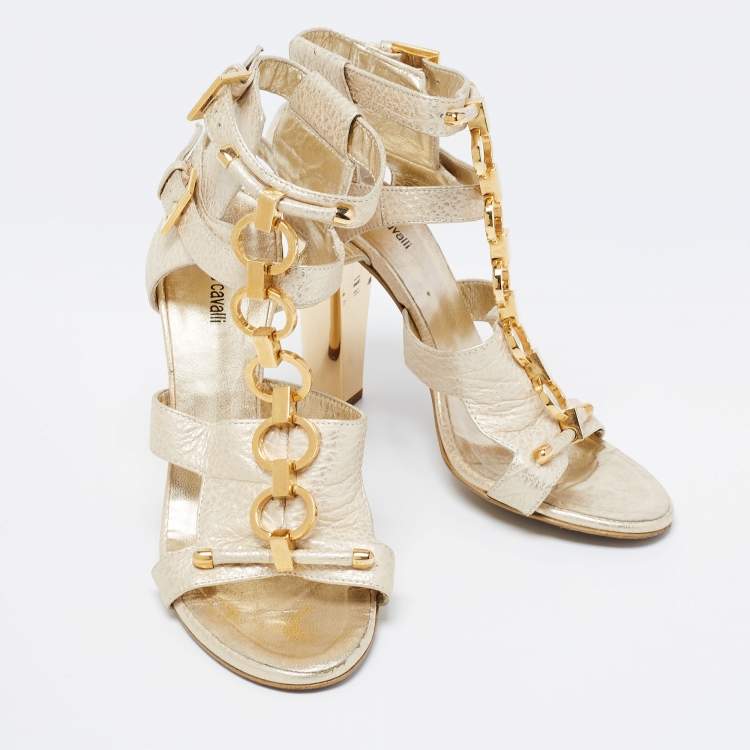 Roberto Cavalli Gold Leather Ankle Strap Sandals Size 37.5