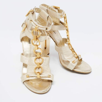 Roberto Cavalli Gold Leather Ankle Strap Sandals Size 37.5