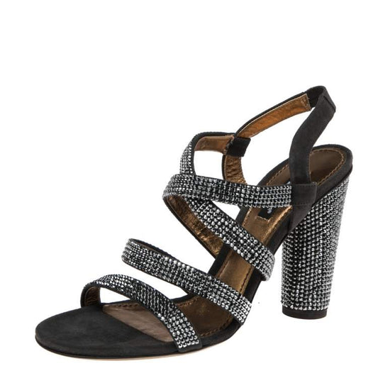 Dolce & Gabbana Dark Grey Crystal Embellished Suede Block Heels – Size 38.5 Brand New