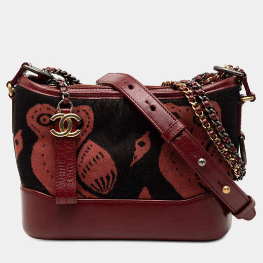 Chanel Black Red Small Knit and Calfskin Owl Print Gabrielle Hobo