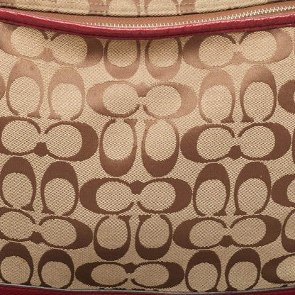 Coach Signature Carrie Tote – Beige & Burgundy Canvas Leather Shoulder Bag
