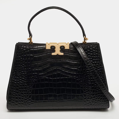 Tory Burch Eleanor Black Croc Embossed Leather Top Handle Bag
