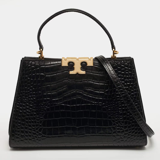 Tory Burch Eleanor Black Croc Embossed Leather Top Handle Bag