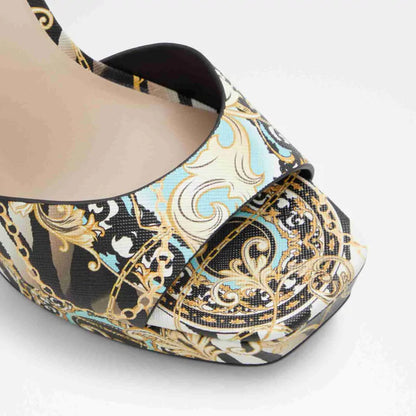 Aldo Statement Heels – Baroque-Inspired Black Multi Print | Sizes 40–41