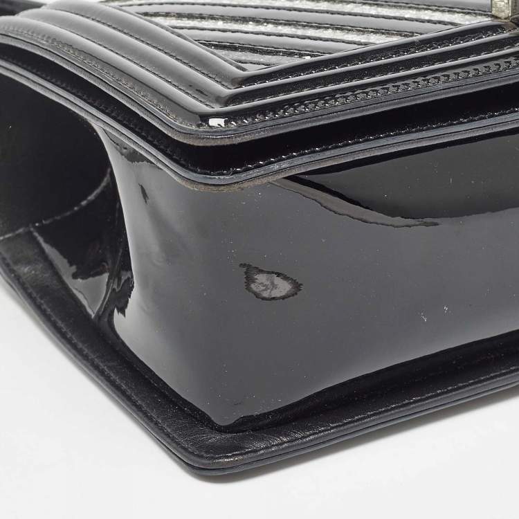 Chanel Black/Silver Chevron Patent Leather Medium Boy Flap Bag