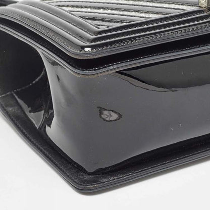 Chanel Black/Silver Chevron Patent Leather Medium Boy Flap Bag