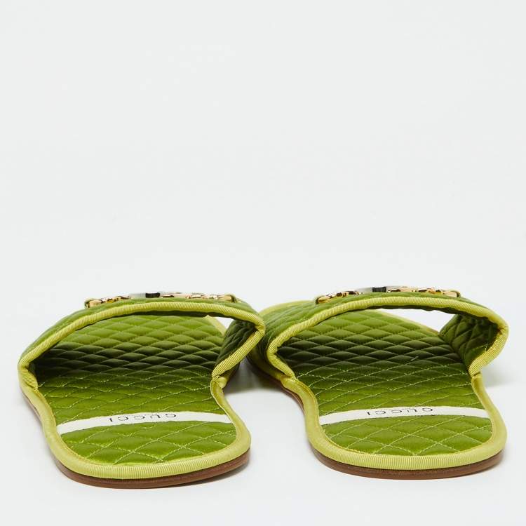 Gucci Green Quilted Satin G Logo Slides – Size 44 – Brand New