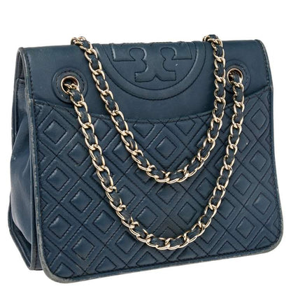 Tory Burch Blue Leather Medium Fleming Shoulder Bag