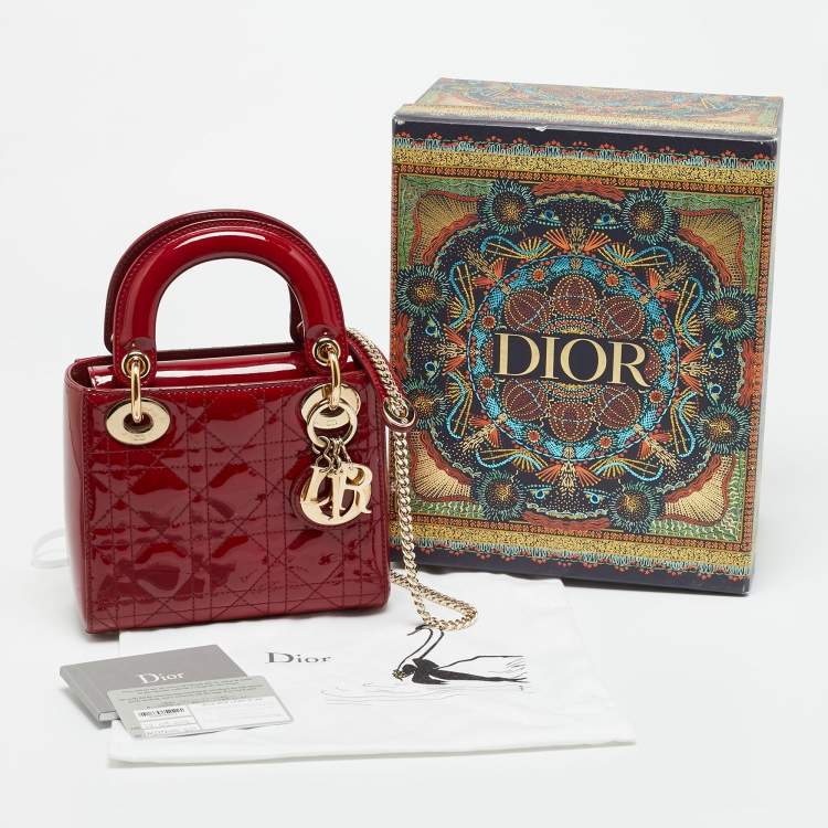 Dior Lady Dior Mini Red Cannage Patent Leather Tote Bag