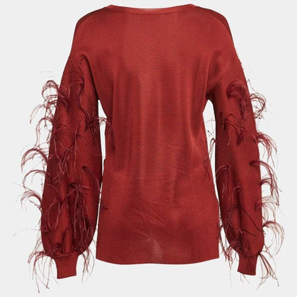 Valentino Red Ostrich Feather Trim Knit V-Neck Sweatshirt – Size S