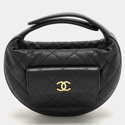 Chanel Mini Round Hobo in Black Quilted Caviar Leather
