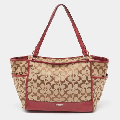 Coach Signature Carrie Tote – Beige & Burgundy Canvas Leather Shoulder Bag
