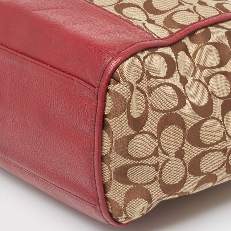 Coach Signature Carrie Tote – Beige & Burgundy Canvas Leather Shoulder Bag