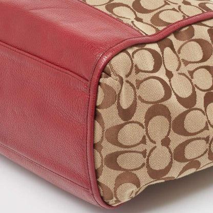 Coach Signature Carrie Tote – Beige & Burgundy Canvas Leather Shoulder Bag