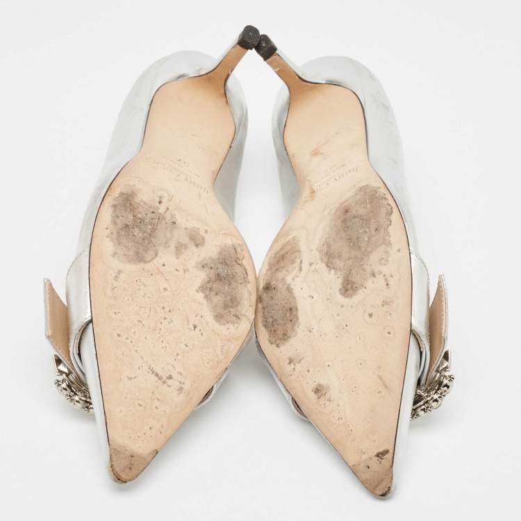 Jimmy Choo Silver Crystal Embellished Leather Pumps Size 37