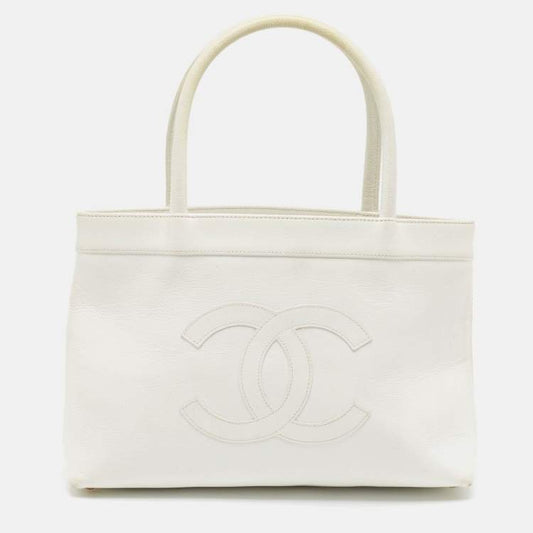 Chanel White Caviar Leather CC Tote