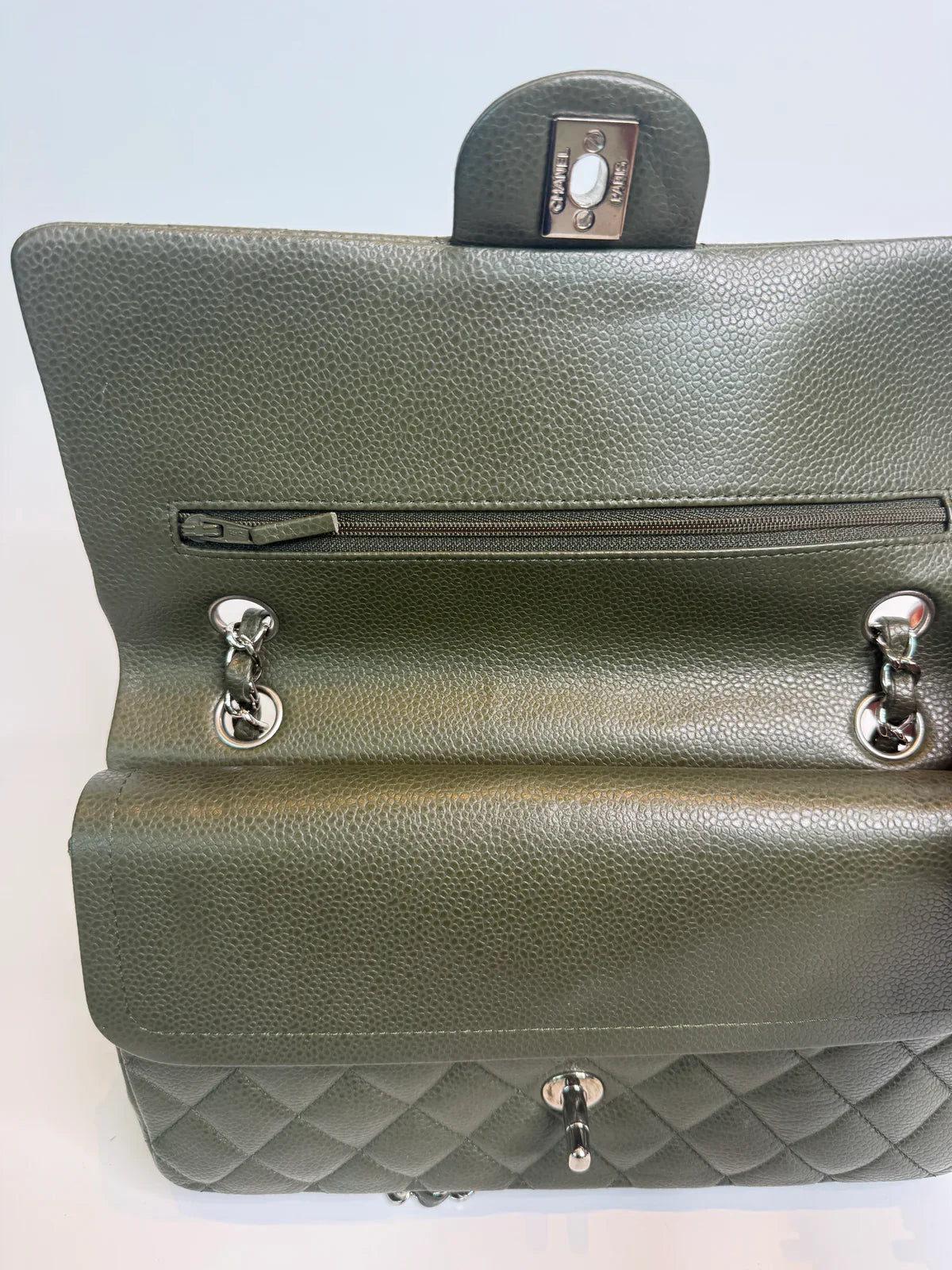 CHANEL MEDIUM CLASSIC DOUBLE FLAP GREEN CAVIAR LEATHER WITH SHW