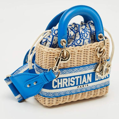 Dior Blue Cream Rattan Mini Lady Dior Tote