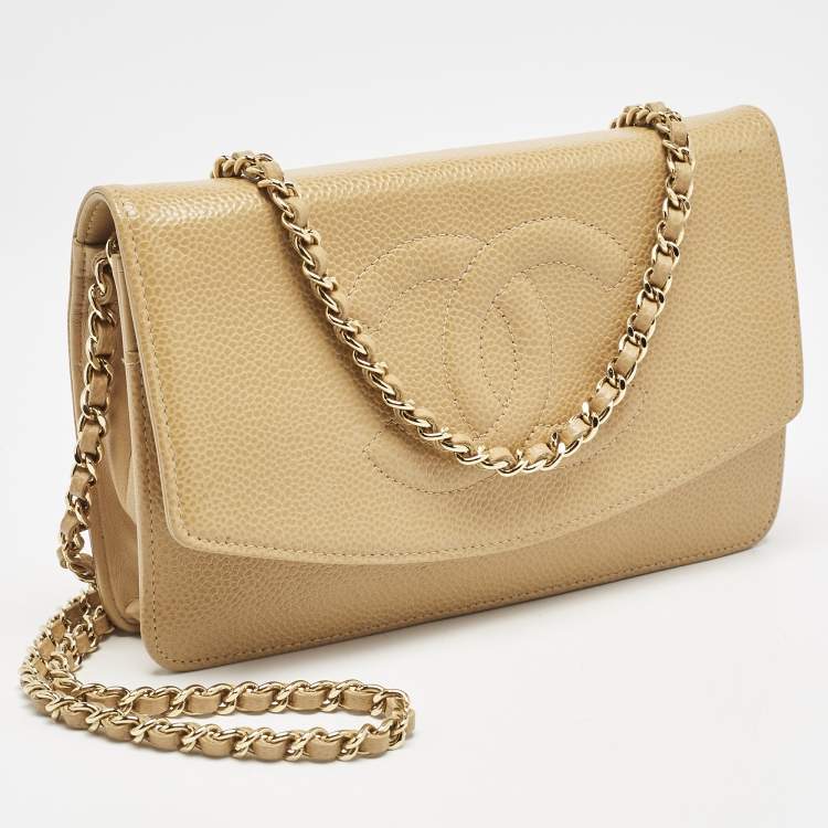 Chanel Beige Caviar Leather CC Timeless Wallet on Chain