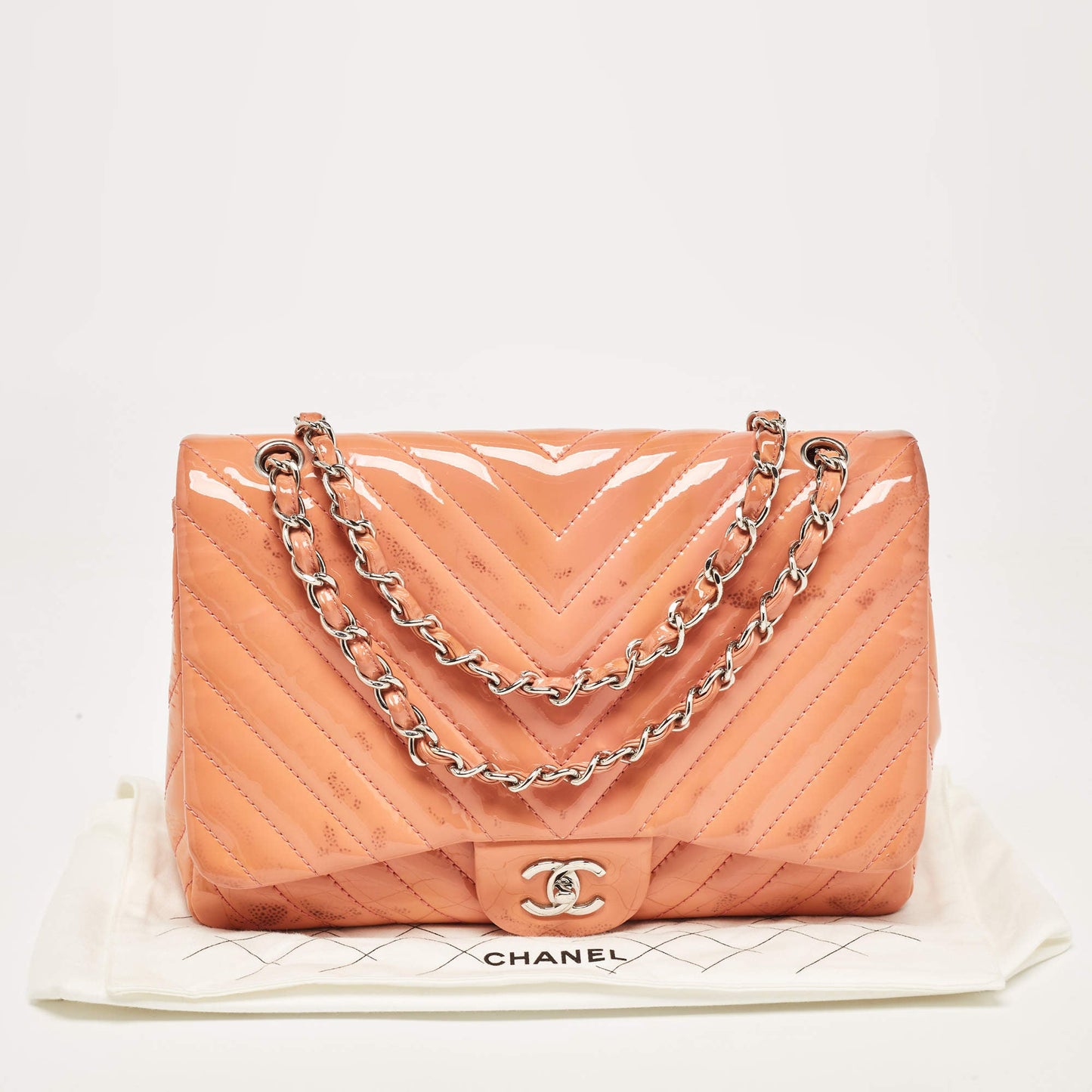 Chanel Pink Chevron Patent Leather Jumbo Flap Bag