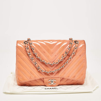 Chanel Pink Chevron Patent Leather Jumbo Flap Bag