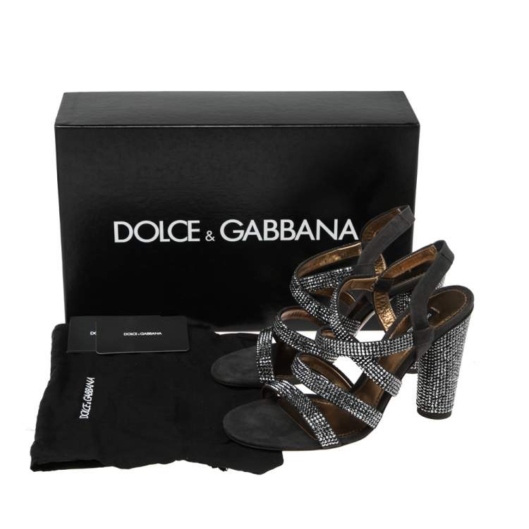 Dolce & Gabbana Dark Grey Crystal Embellished Suede Block Heels – Size 38.5 Brand New