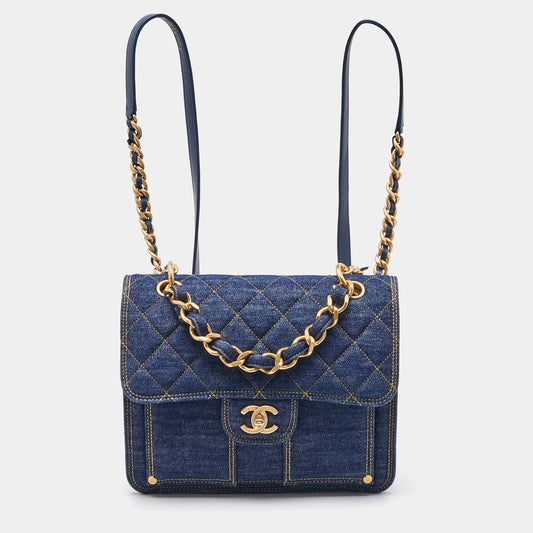 Chanel Blue Quilted Denim CC Flap Double You Backpack