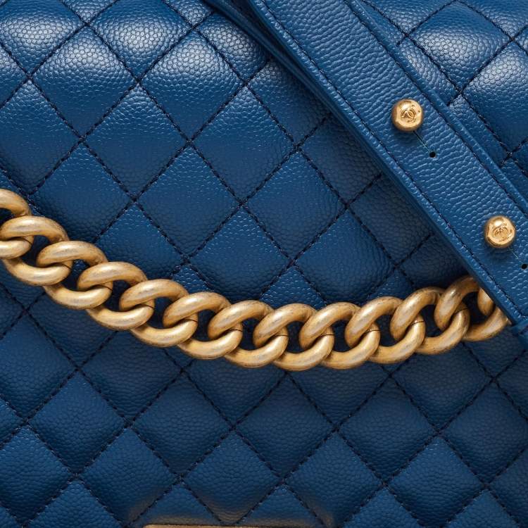 Chanel Medium Boy Bag in Blue Quilted Caviar Leather with Gold Hardware