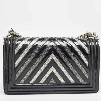 Chanel Black/Silver Chevron Patent Leather Medium Boy Flap Bag