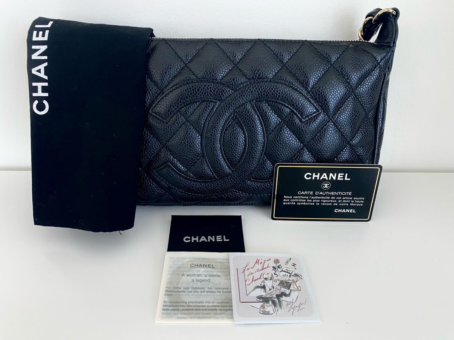 Authentic Chanel Timeless Pochette – Black Caviar Leather with Gold Hardware | Classic Quilted Shoulder Bag