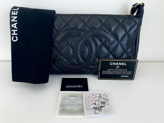 Authentic Chanel Timeless Pochette – Black Caviar Leather with Gold Hardware | Classic Quilted Shoulder Bag
