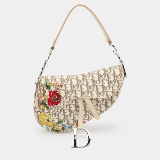 Dior Oblique Floral Embroidered Saddle Bag – Beige/White Canvas & Leather