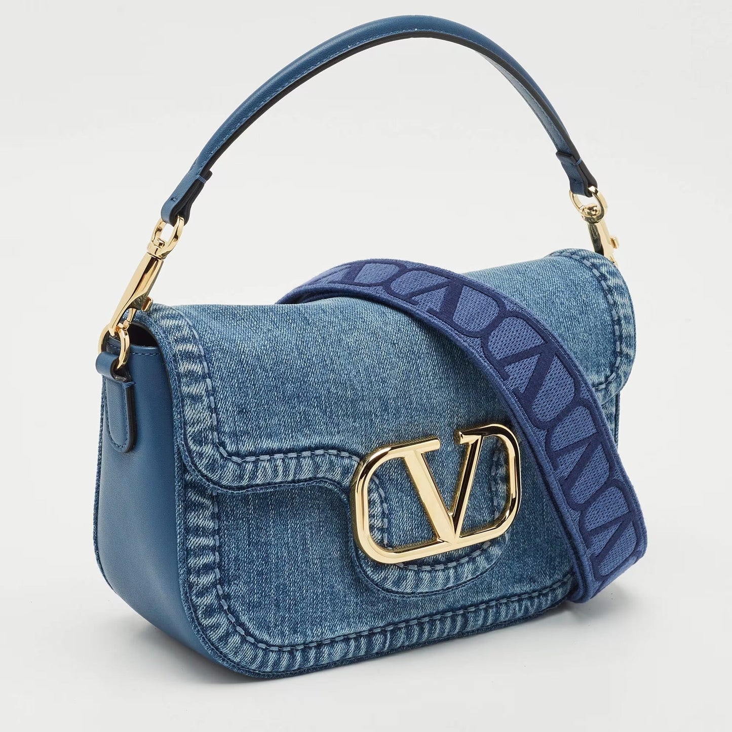 Valentino VLogo Medium Blue Denim and Leather Shoulder Bag