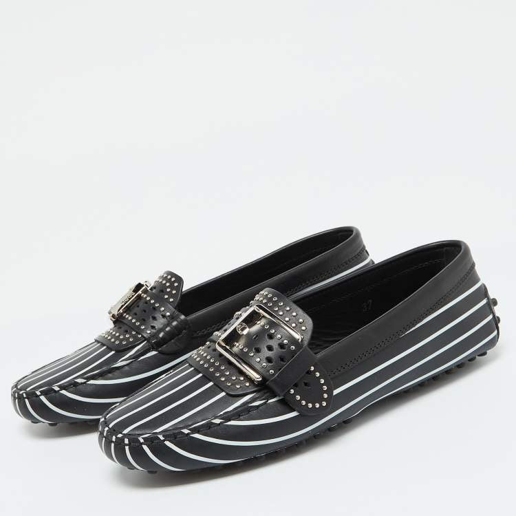 Tod’s Black & White Striped Leather Embellished Loafers - Size 37