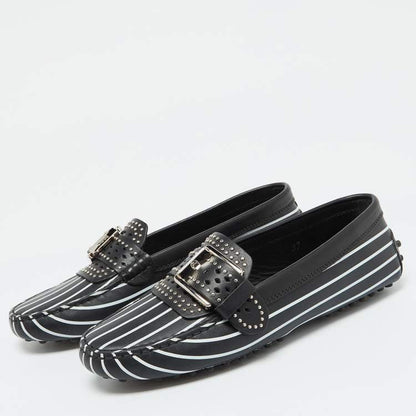 Tod’s Black & White Striped Leather Embellished Loafers - Size 37