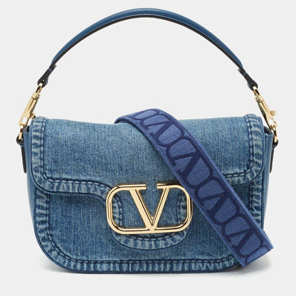 Valentino VLogo Medium Blue Denim and Leather Shoulder Bag