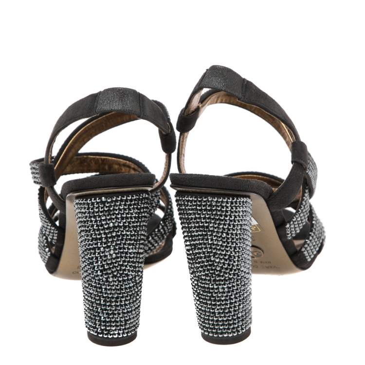 Dolce & Gabbana Dark Grey Crystal Embellished Suede Block Heels – Size 38.5 Brand New