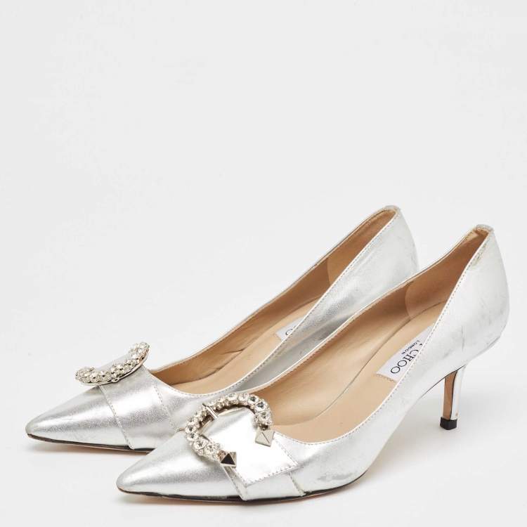 Jimmy Choo Silver Crystal Embellished Leather Pumps Size 37