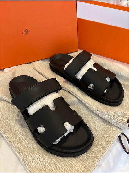 Brand New Hermès Men’s Chypre Sandals – Etoupe & Black | Luxury Leather Slides UAE