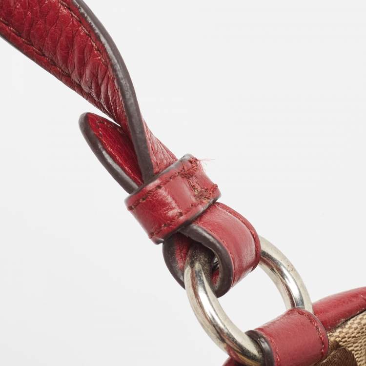 Coach Signature Carrie Tote – Beige & Burgundy Canvas Leather Shoulder Bag