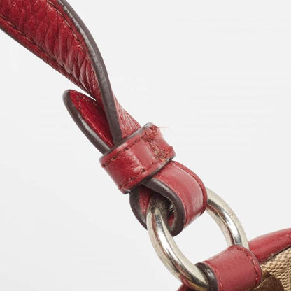 Coach Signature Carrie Tote – Beige & Burgundy Canvas Leather Shoulder Bag