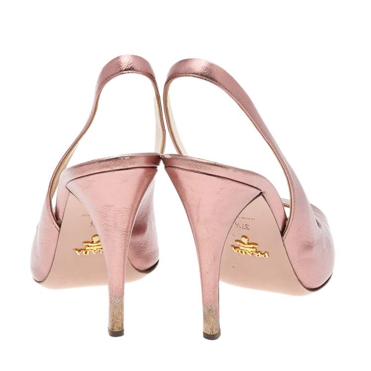 Prada Pink Metallic Leather Peep Toe Heels Size 37.5
