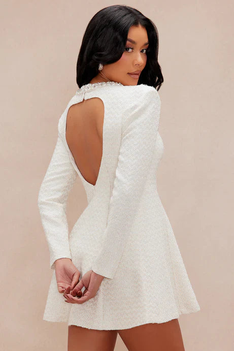Angelina White Tweed Mini Dress – Civil Wedding / Bridal Shower | Pre-Order