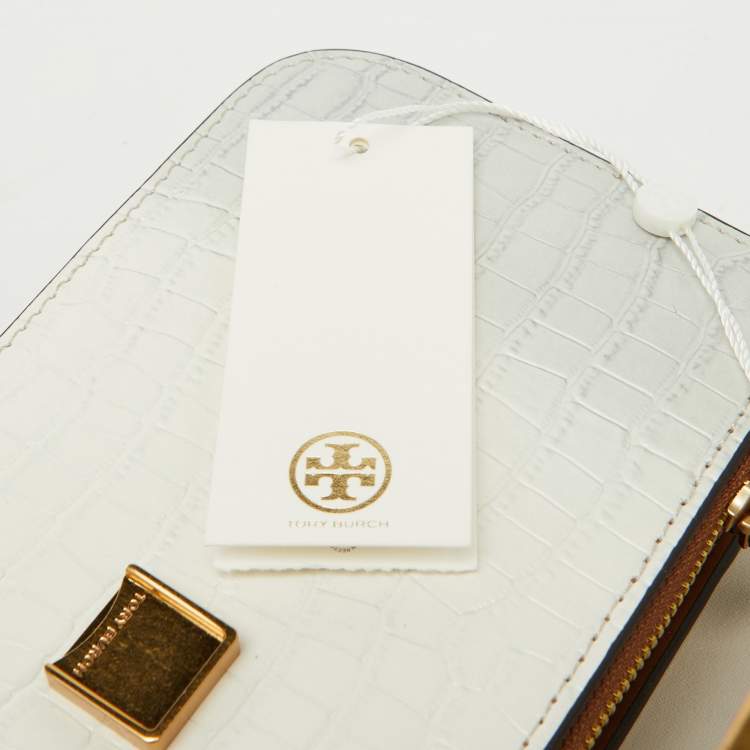 Tory Burch White Croc Embossed Leather Eleanor Dragon Rectangular Shoulder Bag
