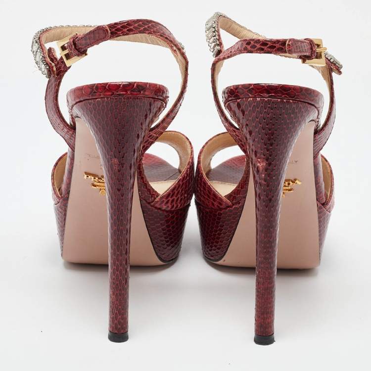 Prada Red Snakeskin Crystal Platform Sandals Size 39