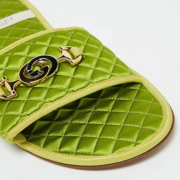 Gucci Green Quilted Satin G Logo Slides – Size 44 – Brand New