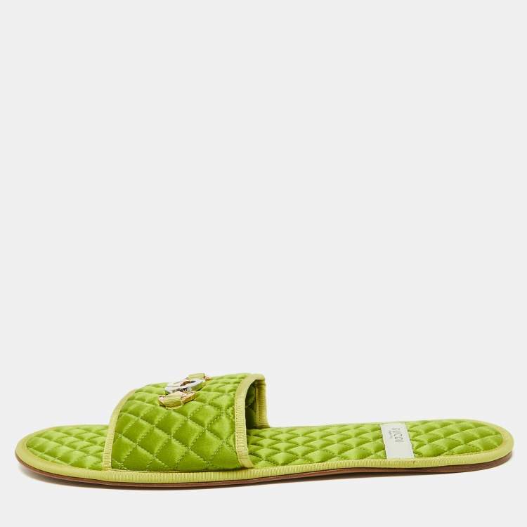 Gucci Green Quilted Satin G Logo Slides – Size 44 – Brand New