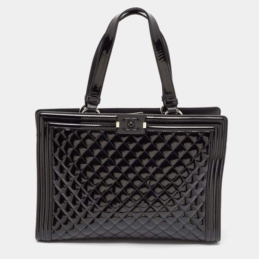 Chanel Black Quilted Patent Leather Large Boy Shopper Tote