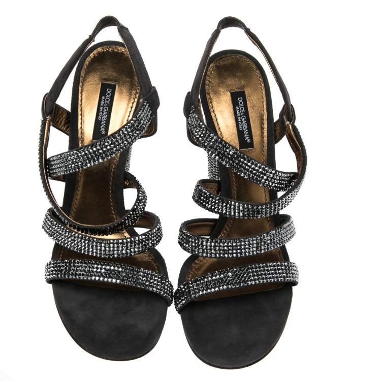 Dolce & Gabbana Dark Grey Crystal Embellished Suede Block Heels – Size 38.5 Brand New