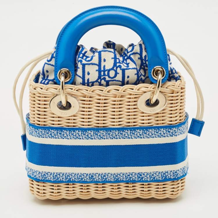 Dior Blue Cream Rattan Mini Lady Dior Tote